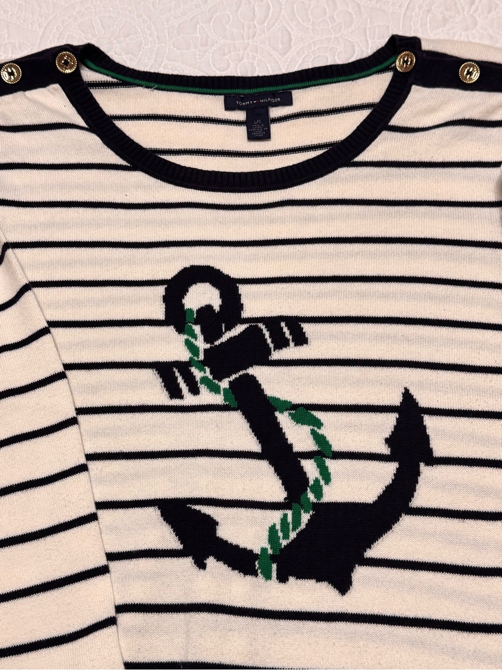 Tommy Hilfiger Navy & White Striped Anchor Sweater